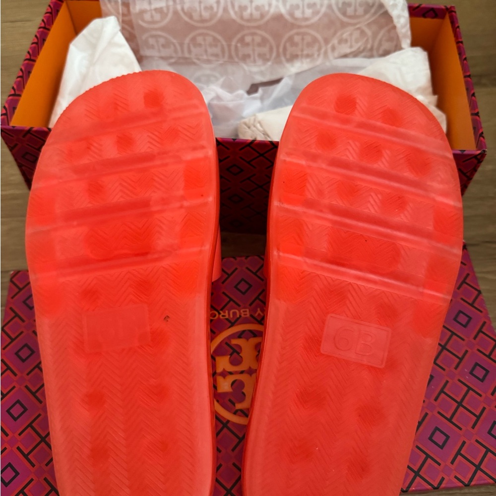 Tory Burch Neon Coral Logo Slide Sandals - Picture 3 of 6